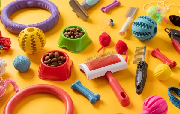 Brinquedos e acessórios para pets organizados sobre fundo amarelo